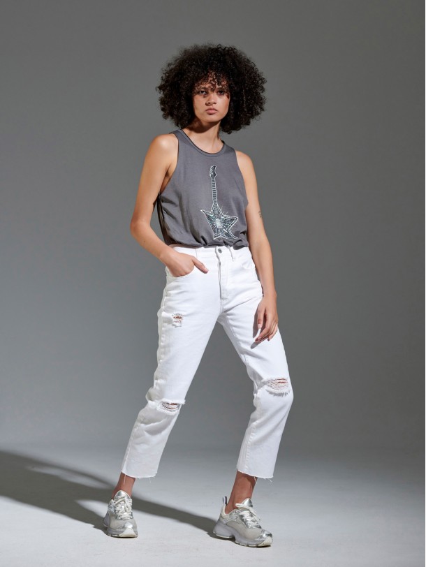 Παντελόνι τζιν λευκό ψηλόμεσο με σκισίματα Harper | Libelloula Μοντέρνα γυναικεία ρούχα