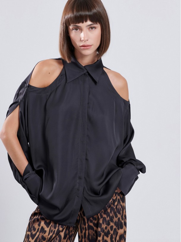 Πουκάμισο μαύρο με άνοιγμα στα μανίκια ELIO | Libelloula Μοντέρνα γυναικεία ρούχα