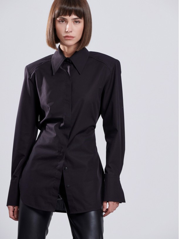 Black long shirt with shoulder pads DENYSE | Libelloula women fashion and accessories