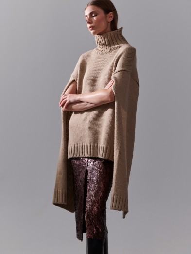 Taupe knitted turtle neck with open sleeves MAXIME