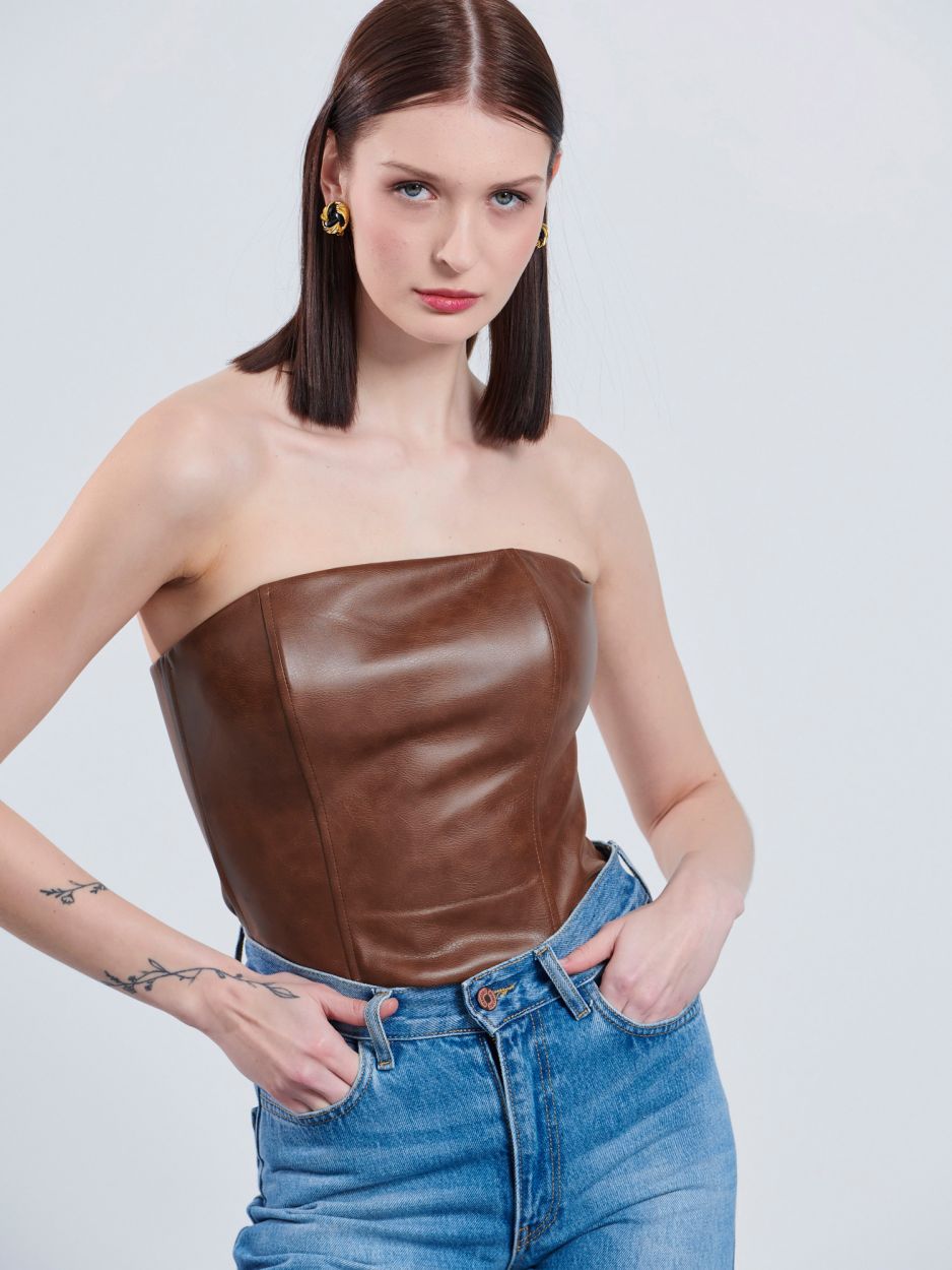 Brown leatherette bustier top CELESTE