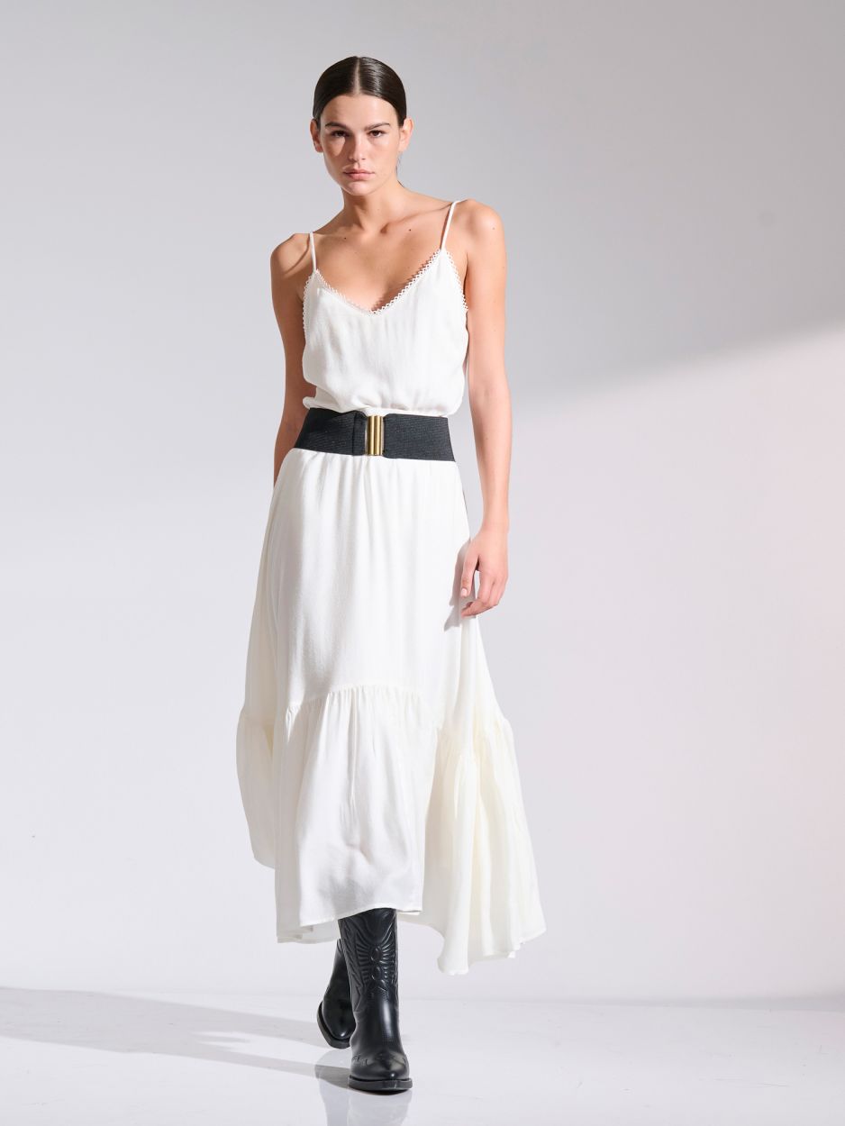 Off white soft wool frilled midi skirt GINETTE