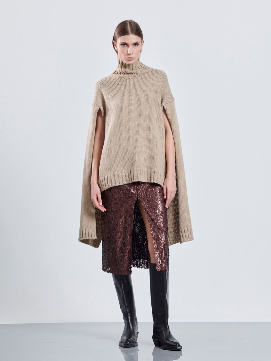 Taupe knitted turtle neck with open sleeves MAXIME