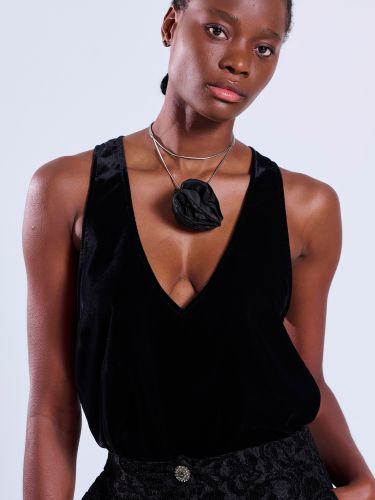 Black velvet sleeveless top with deep V LUXY