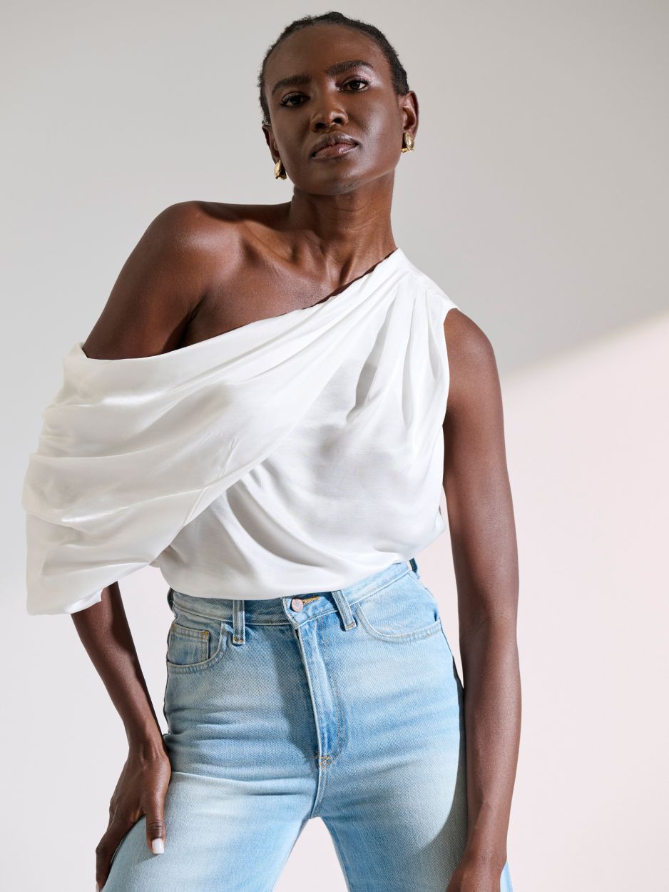 White draped off shoulder blouse CALISTA