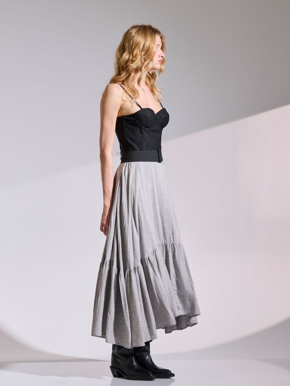 Light grey soft wool frilled midi skirt GINETTE